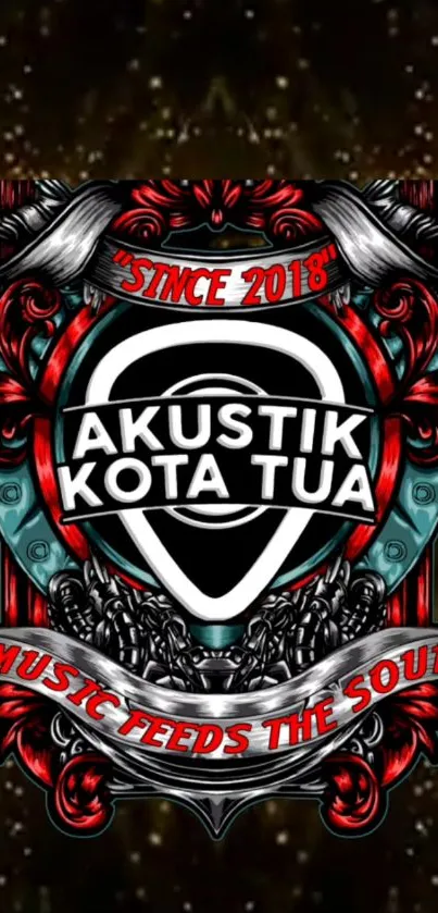 Artistic Akustik Kota Tua guitar pick design on black background.