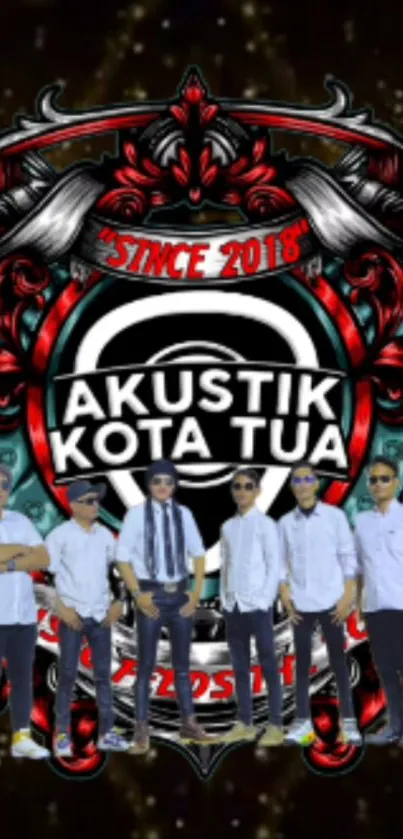 Band with Akustik Kota Tua crest design in vibrant colors.