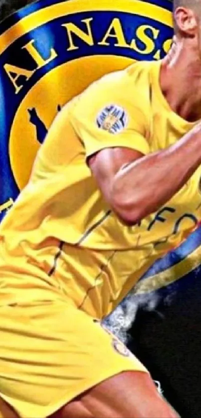 Al Nassr football player in vibrant action pose with club emblem.