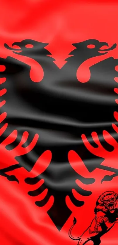 Albanian flag with black double-headed eagle on red background.