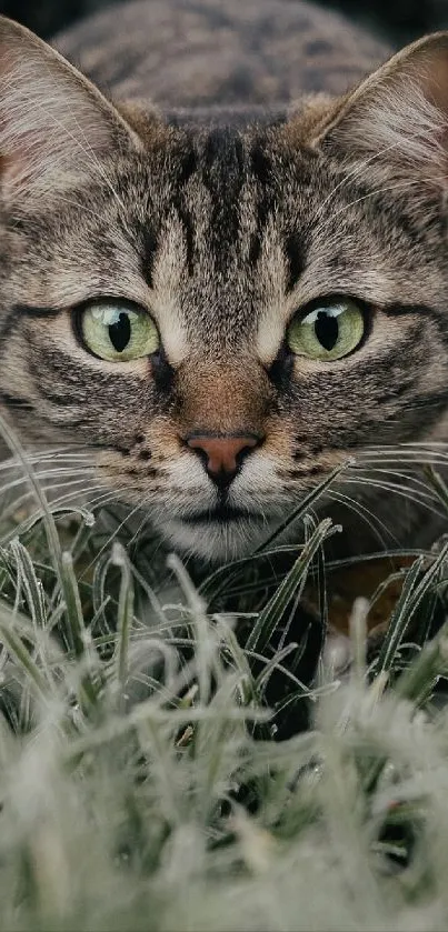 A watchful tabby cat crouched in frosty grass.