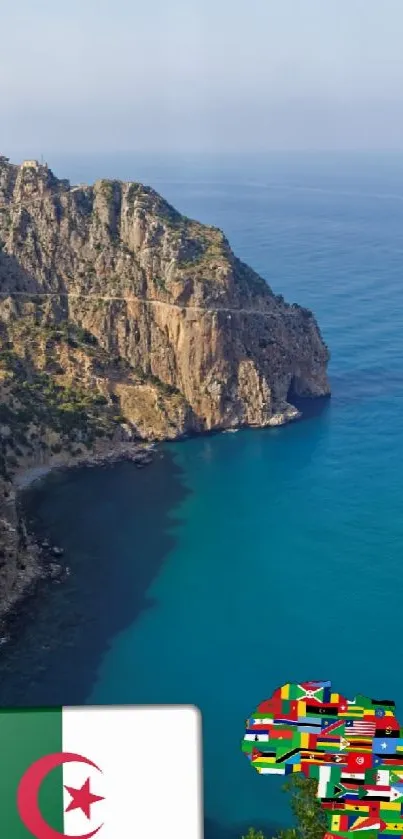 Scenic Algerian coastline with turquoise sea and lush greenery.