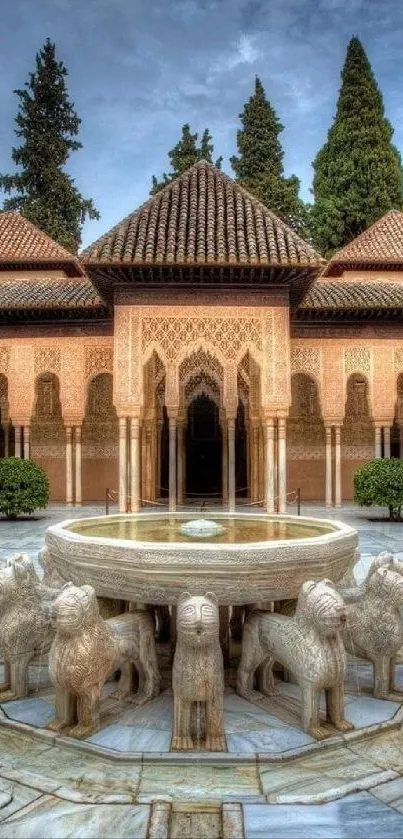 Alhambra courtyard fountain surrounded by ornate stone lions and lush greenery.