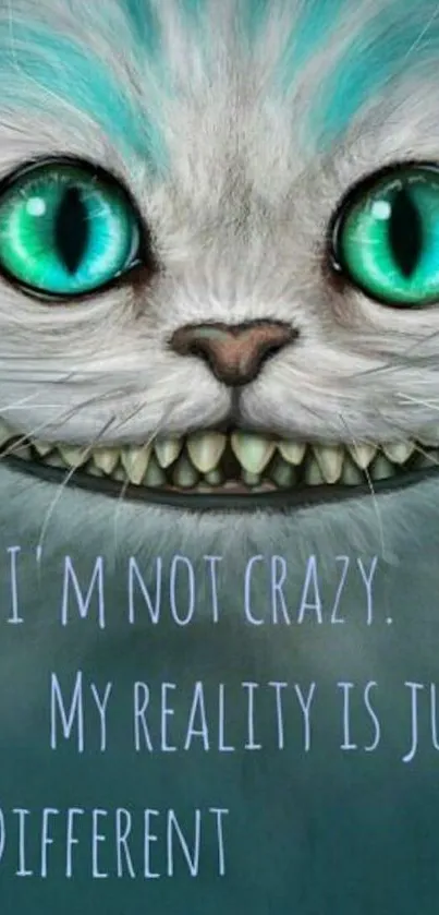 Cheshire Cat with vibrant turquoise eyes and a whimsical smile.