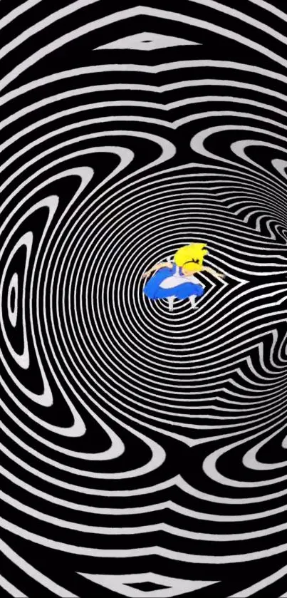 Alice themed optical illusion in black and white with vibrant colors.