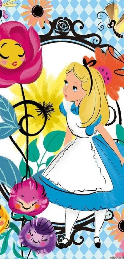 Alice in Wonderland mobile wallpaper with colorful floral designs.