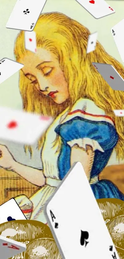 Alice surrounded by flying playing cards, whimsical illustration.