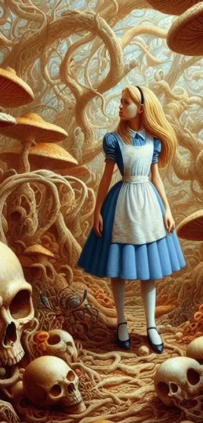 Alice in fantasy forest with skulls and mushrooms.