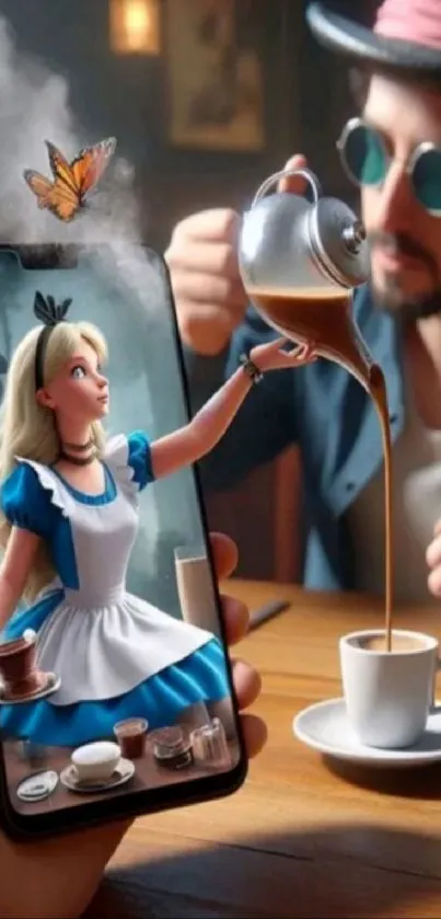 Alice in Wonderland fantasy wallpaper with a magical coffee scene.