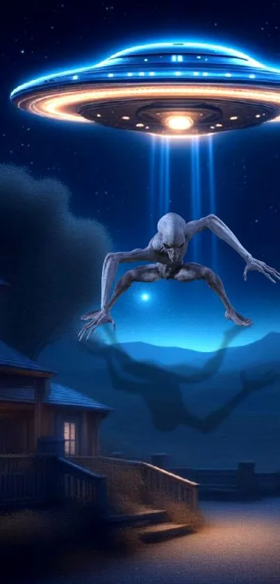 Alien abduction scene with UFO and night landscape.
