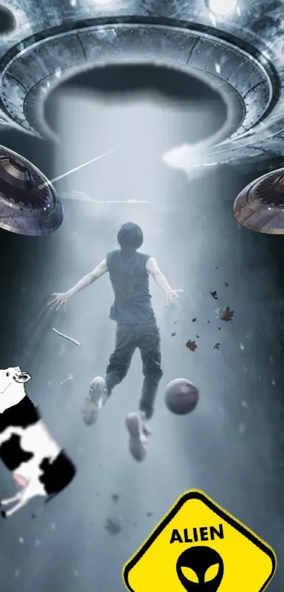 Mobile wallpaper showing an alien abduction with UFOs and glowing light.