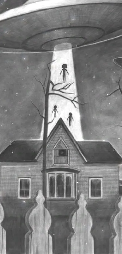 Vintage UFO illustration with house and alien figures in monochrome tones.