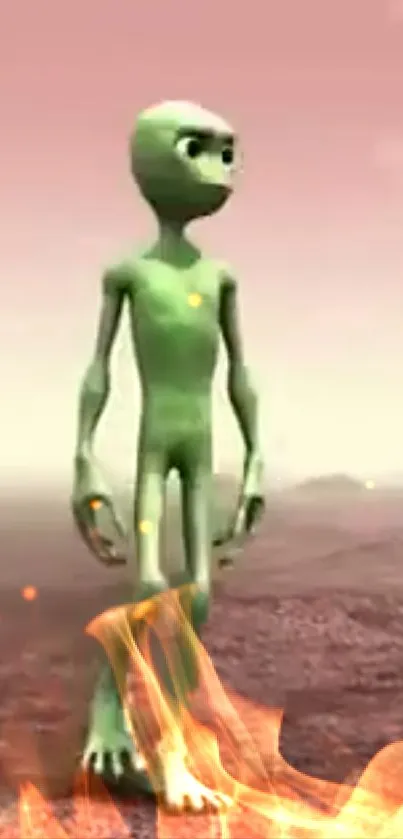 An alien figure stands in a desert-like landscape with a pale pink sky.