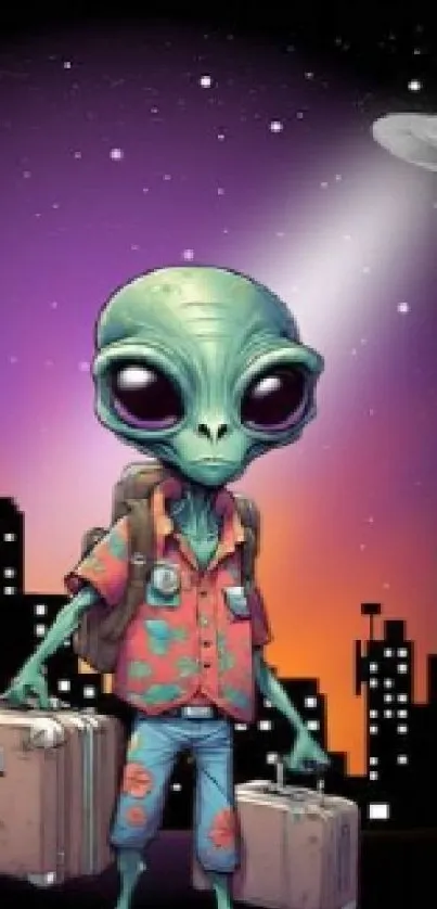 Alien in a city with luggage and UFOs in the sky.