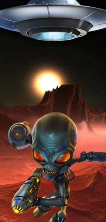 Alien character with UFO on Mars in sci-fi wallpaper.