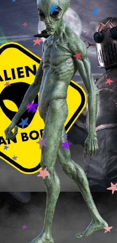 Alien and robots in a sci-fi scene with a cosmic background.