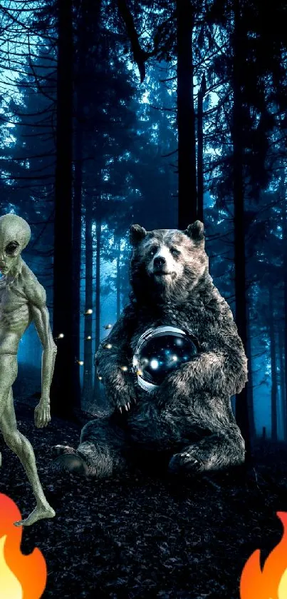 Mysterious alien and bear in dark blue forest with glowing orb.