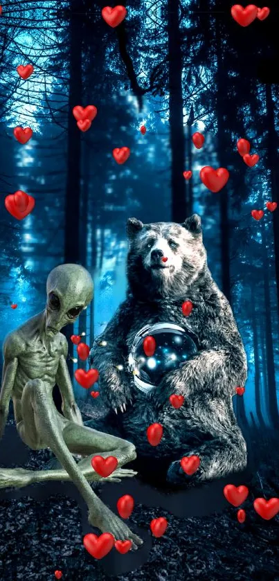 Alien and bear in mystical forest with floating red hearts.