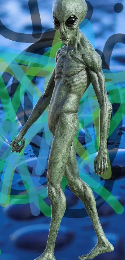 Alien illustration with blue raindrop background.