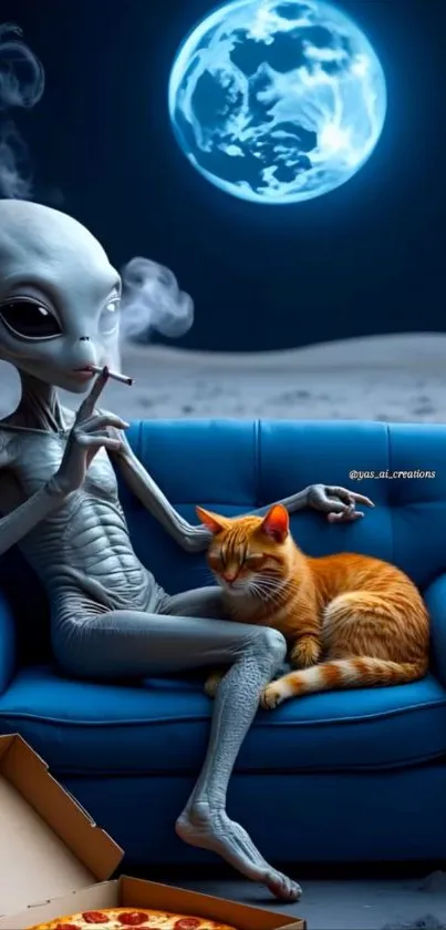 Alien smoking with cat on blue sofa under moonlight.