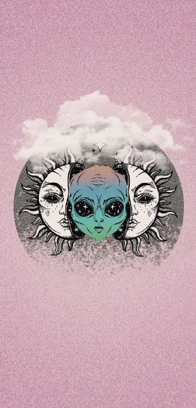 Wallpaper of alien with celestial art on pink background.