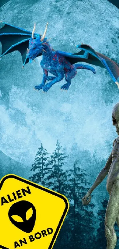 Alien and dragon at night with moon in a mystical forest scene.