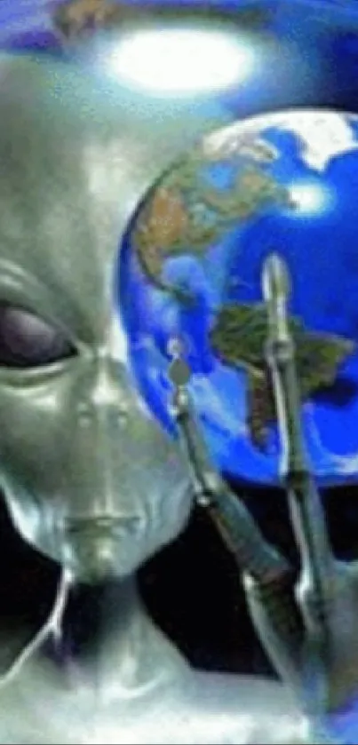 Alien holding Earth in captivating wallpaper.