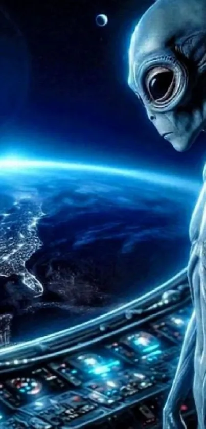 Alien overlooking Earth from a spaceship, vivid sci-fi scene.