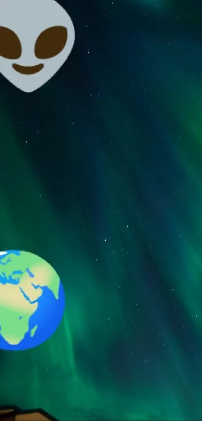 Alien and Earth icons over green aurora night sky with building silhouette.