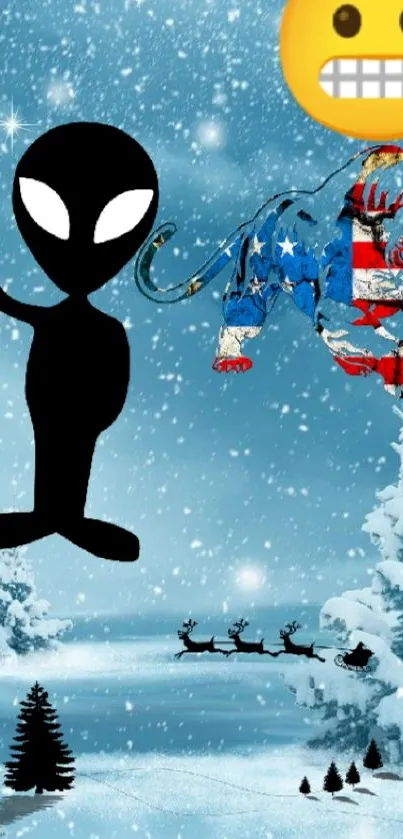 Alien and emoji in a snowy starry landscape wallpaper.