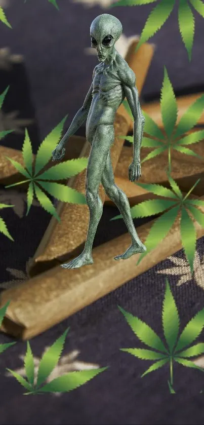 Wallpaper featuring an alien with cannabis leaves in a unique design.