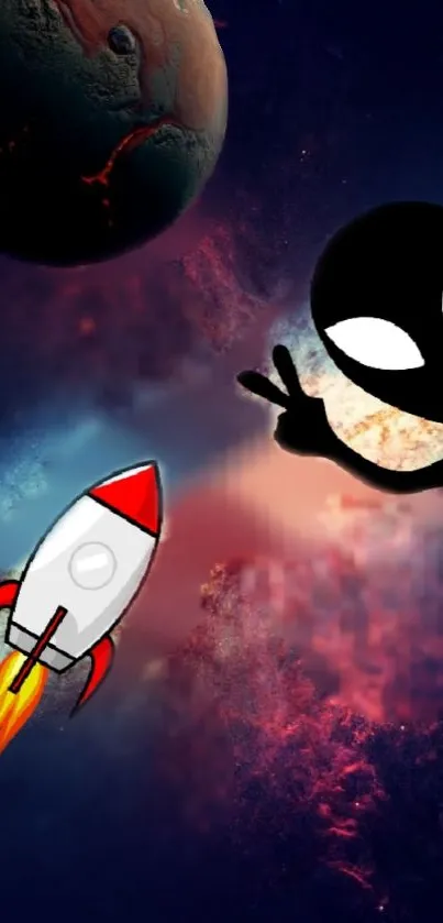 Alien and rocket in vibrant outer space scene.