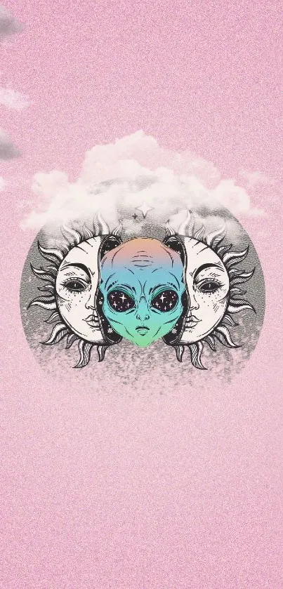 Surreal alien and sun mobile wallpaper on pink background.