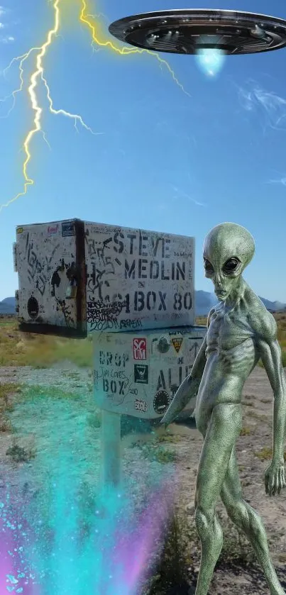 Alien and UFO in desert landscape wallpaper.