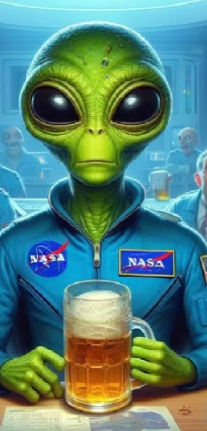 Green alien wearing NASA uniform holding a beer mug.