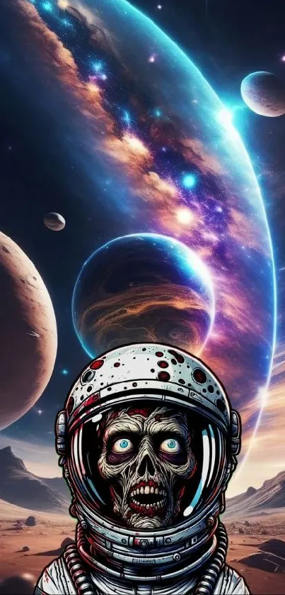 Vibrant alien astronaut space art with galaxy and planets.