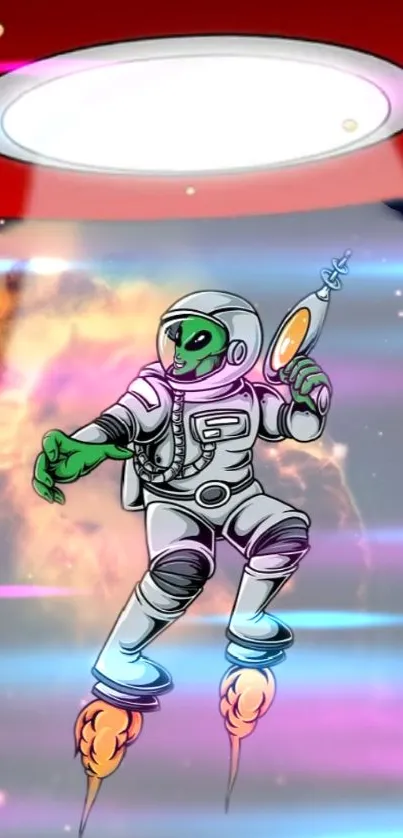 Vaporwave art with an alien astronaut in vivid cosmic colors.