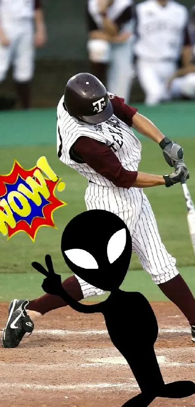 Baseball player swings with alien figure comic style.