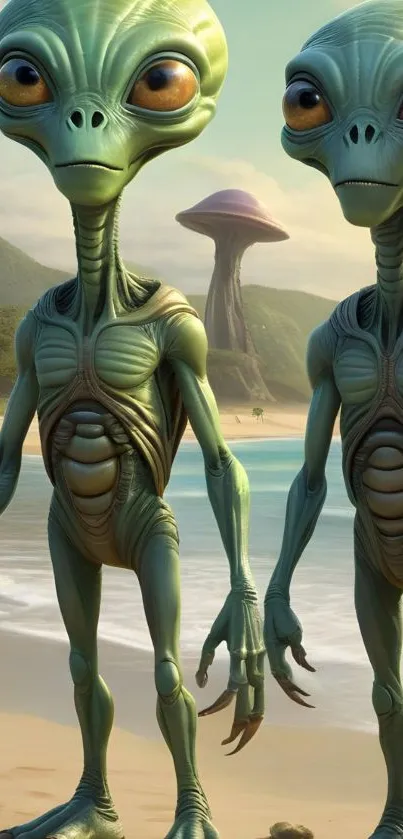 Two green aliens on a beach with surreal scenery.