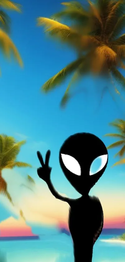 Alien silhouette on a tropical beach with palm trees and vibrant sky.