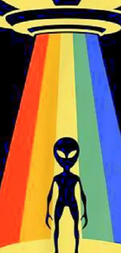 Alien silhouette under colorful light beams from a UFO.