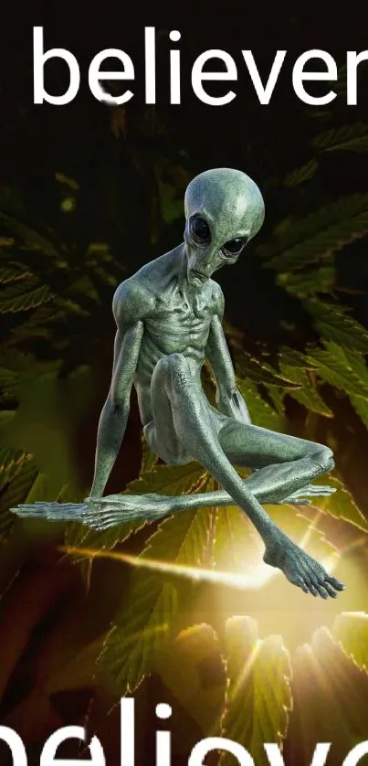 Alien sitting on leaves design with cosmic glow for mobile wallpaper.