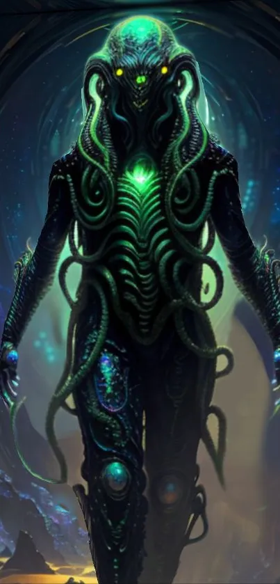 Alien bioluminescent creature glowing in dark space art.