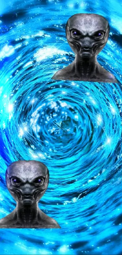 Alien faces in a vivid blue spiral pattern, creating a cosmic effect.