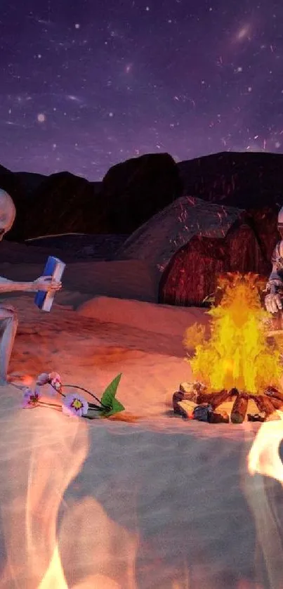 Alien and astronaut by a campfire in a starry cosmic desert landscape.