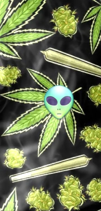 Alien-themed wallpaper with cannabis pattern on a dark background.