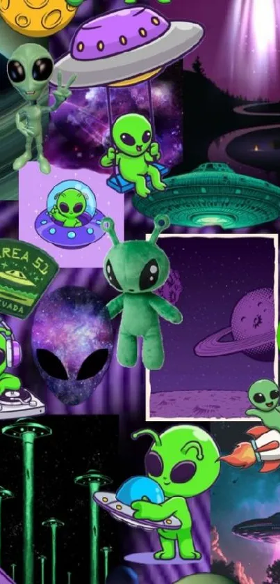 Colorful cartoon alien collage with UFOs and planets.