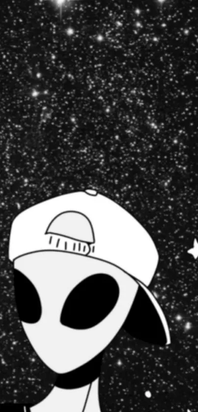 Cartoon alien with cap in a star-filled space background wallpaper.