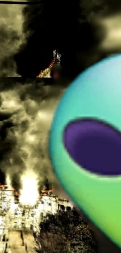 Alien head with burning city background.