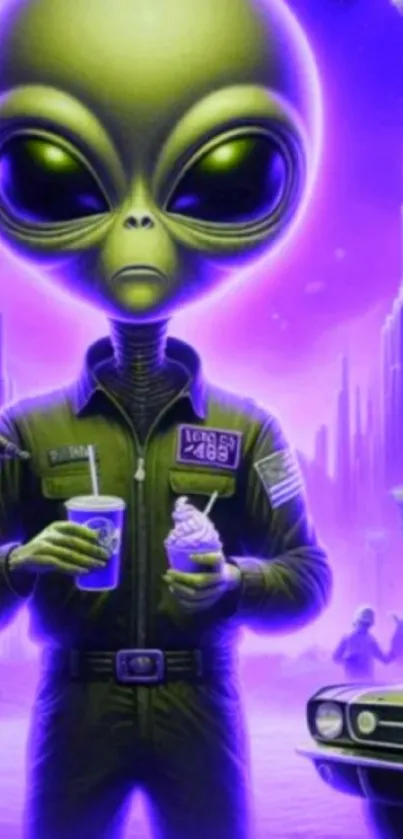 Alien in a futuristic city with colorful lights.